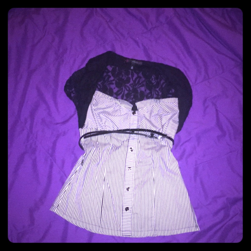 Black and white Striped blouse with belt